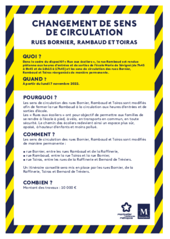 Changement de sens de circulation des rues Bornier, Rambaud et Toiras à Montpellier