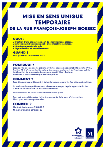 Mise en sens unique temporaire de la rue François-Joseph Gossec à Montpellier